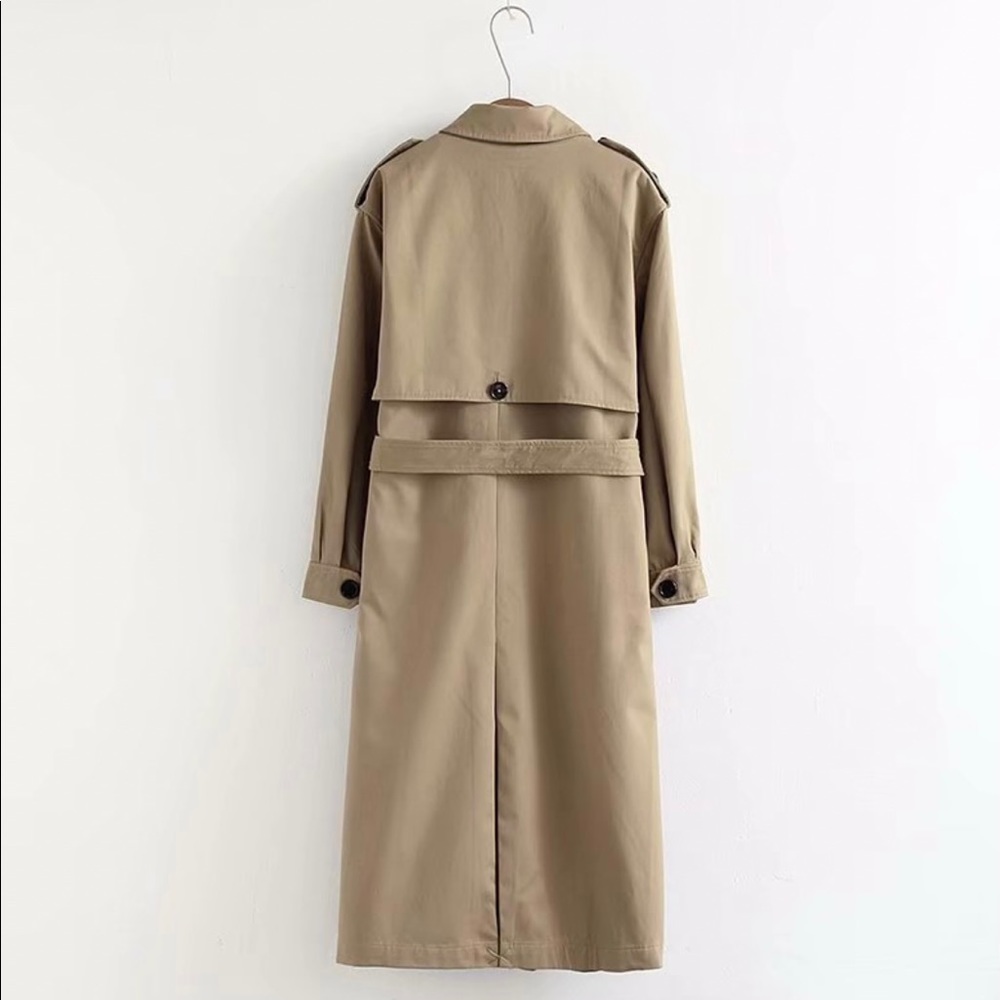Women 2 Layers Double Chest Trench Coat Khaki Tan - Picture 2 of 6